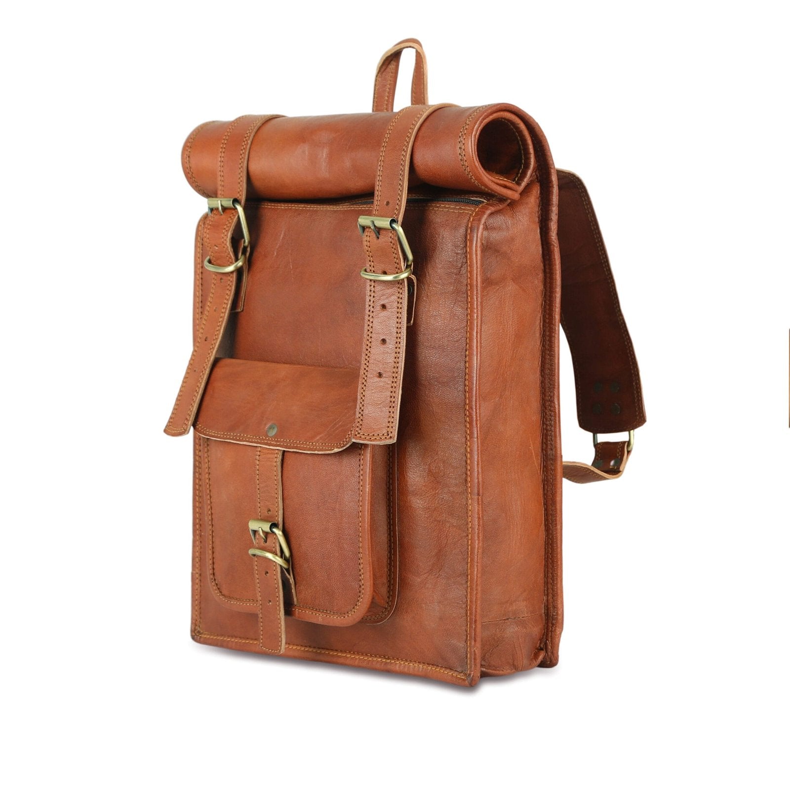 A brown leather roll-on backpack with adjustable shoulder strap and front pocket, displayed against a plain background.